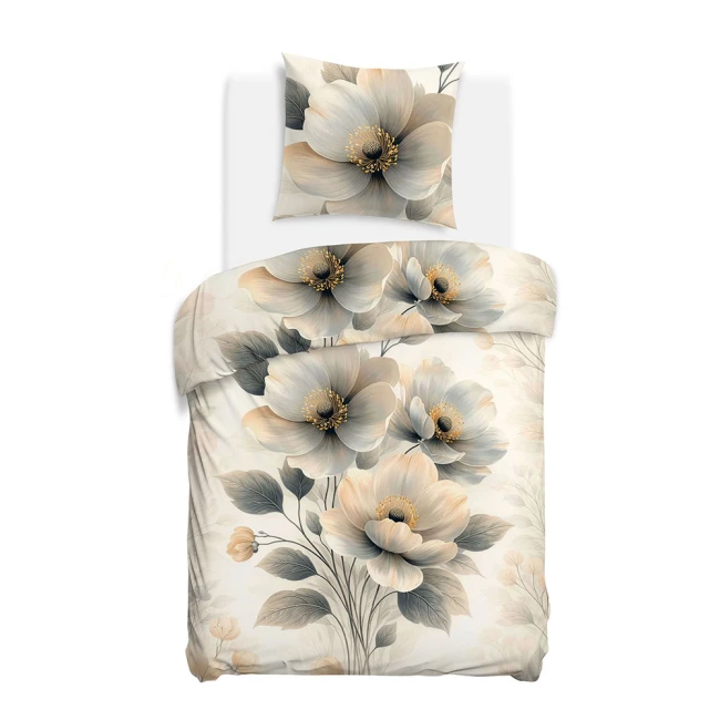 Pościel satyna bawełniana 140x200 Estelle kremowa w kwiaty i szare liście, Satynlove Premium