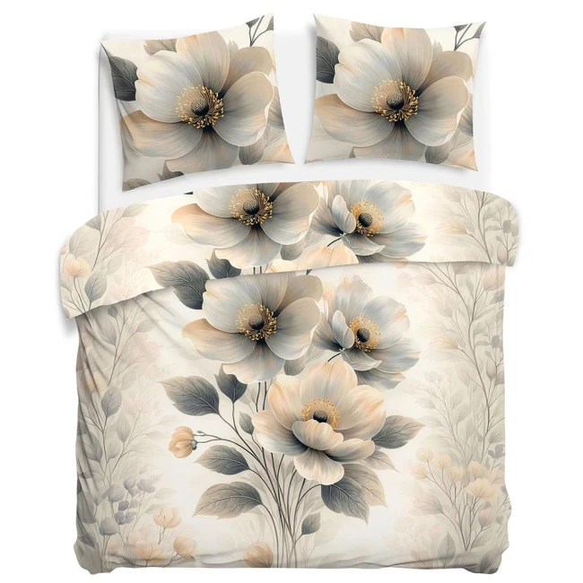 Pościel satyna bawełniana 220x200 Estelle kremowa w kwiaty i szare liście, Satynlove Premium