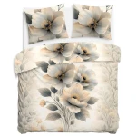 Pościel satyna bawełniana 160x200 Estelle kremowa w kwiaty i szare liście, Satynlove Premium