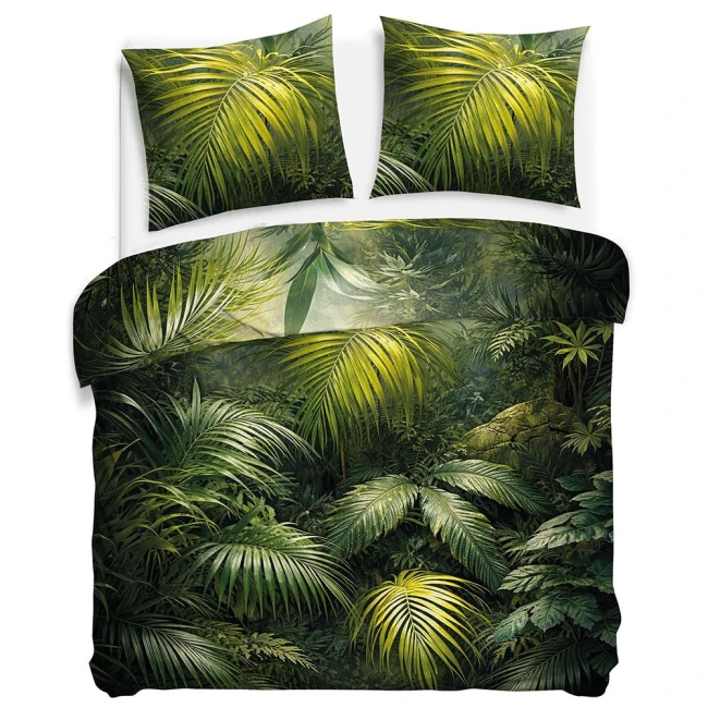 Pościel satyna bawełniana 180x200 Bali zielona i czarna w tropikalne liście, Satynlove Premium