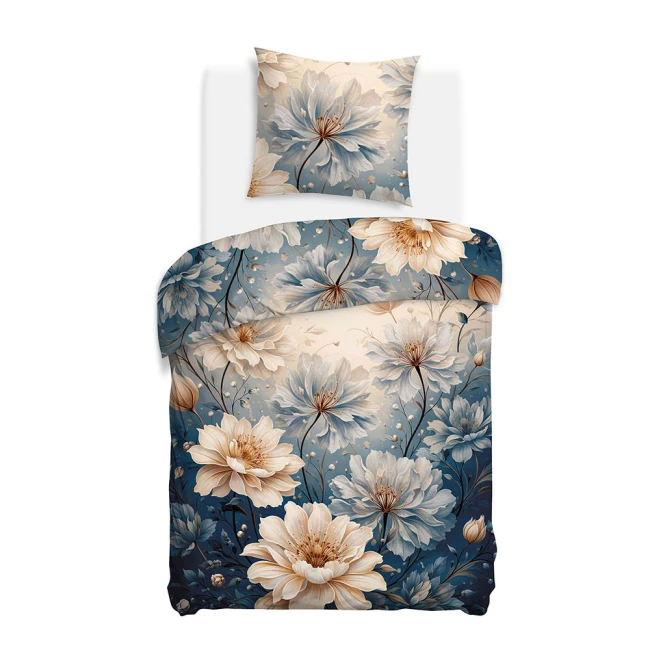 Pościel satyna bawełniana 140x200 Caleste niebieska i kremowa w kwiaty, Satynlove Premium
