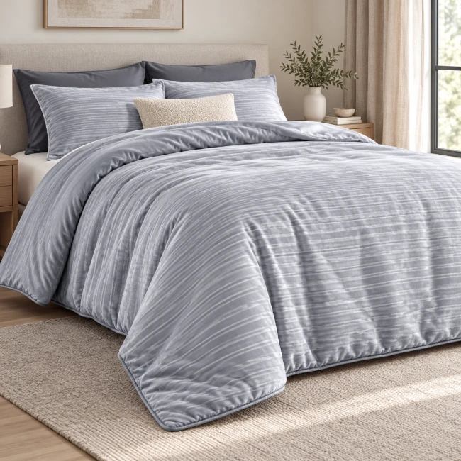  Dwustronna delikatna popielata narzuta poliestrowa 170x210 cm w eleganckie paski 