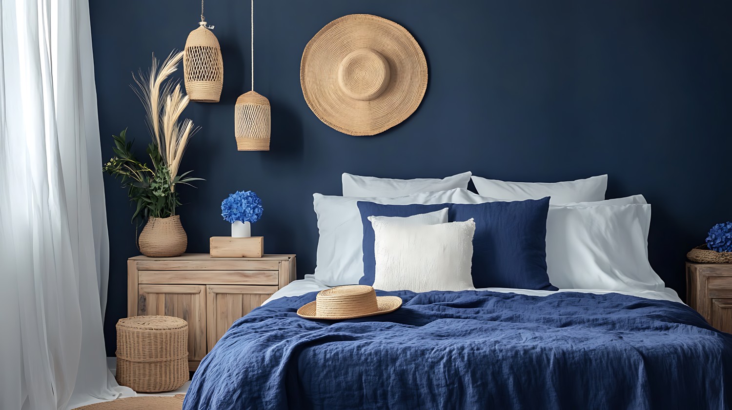 sypialnia granatowa boho