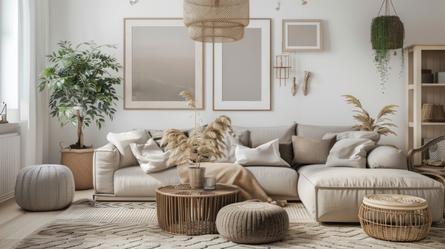 styl scandi boho – Salon scandi boho łączy prostą sofę z miękkimi dodatkami